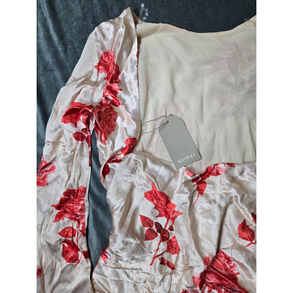 Meshki Women Dress Large Davina Satin Long Sleeve Mini Rose Print Ivory Red - Picture 5 of 12